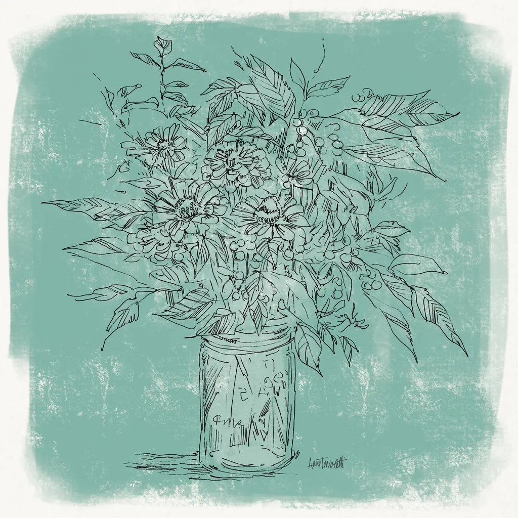 Zinnias in Glass Jar Sketch by Anne Tavoletti. SKU 100598a. Archival Giclee Fine art print for wall decor.