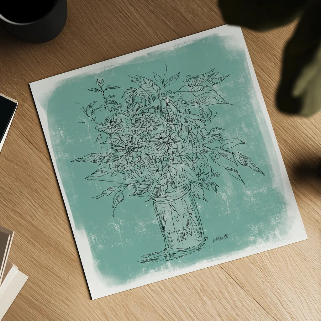 Zinnias in Glass Jar Sketch by Anne Tavoletti. Shown as a detailed flat fine art print, highlighting archival giclee quality. Available as an archival giclee rolled canvas, fine art paper, or poster print. SKU 100598a.