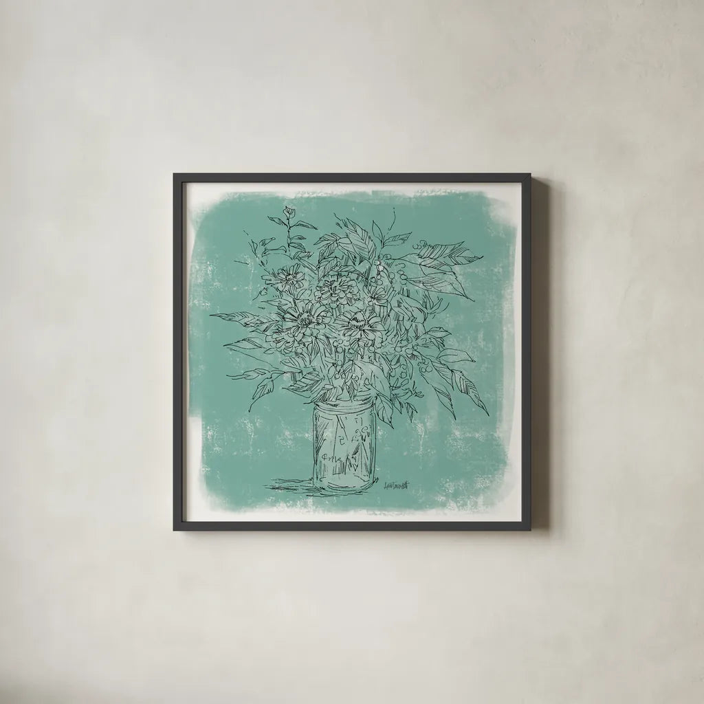 Zinnias in Glass Jar Sketch by Anne Tavoletti. Shown in a sleek black glass frame for a contemporary gallery look. Available as an archival giclee rolled canvas, fine art paper, or poster print. SKU 100598a.