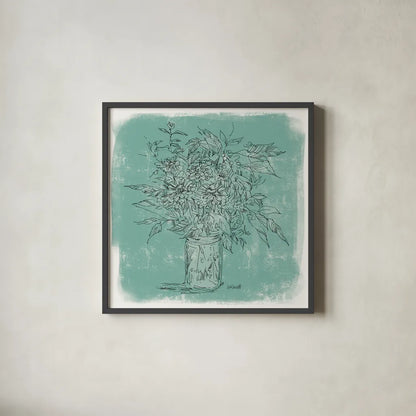 Zinnias in Glass Jar Sketch by Anne Tavoletti. Shown in a sleek black glass frame for a contemporary gallery look. Available as an archival giclee rolled canvas, fine art paper, or poster print. SKU 100598a.