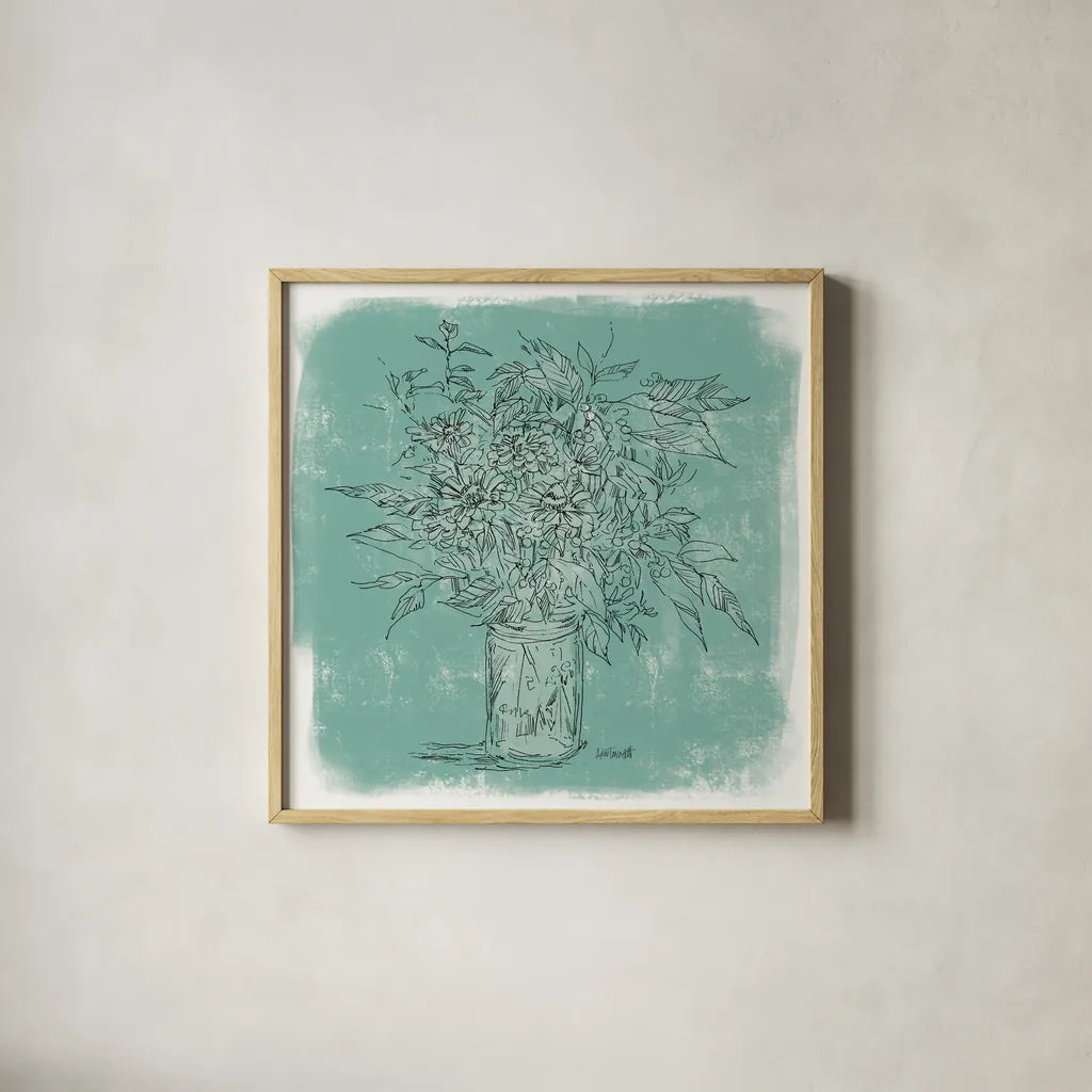 Zinnias in Glass Jar Sketch by Anne Tavoletti. Shown in a natural wood glass frame for a timeless modern aesthetic. Available as an archival giclee rolled canvas, fine art paper, or poster print. SKU 100598a.