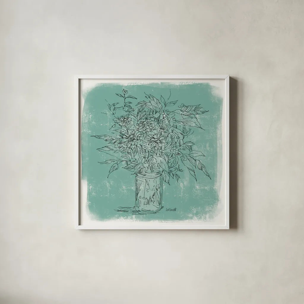Zinnias in Glass Jar Sketch by Anne Tavoletti. Shown in a crisp white glass frame for a clean and minimalist style. Available as an archival giclee rolled canvas, fine art paper, or poster print. SKU 100598a.