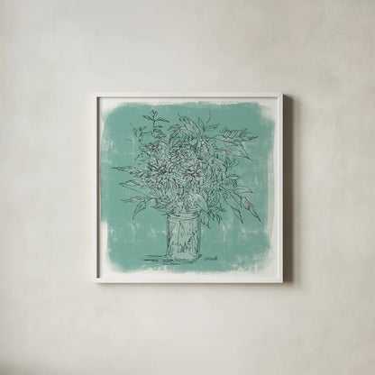 Zinnias in Glass Jar Sketch by Anne Tavoletti. Shown in a crisp white glass frame for a clean and minimalist style. Available as an archival giclee rolled canvas, fine art paper, or poster print. SKU 100598a.