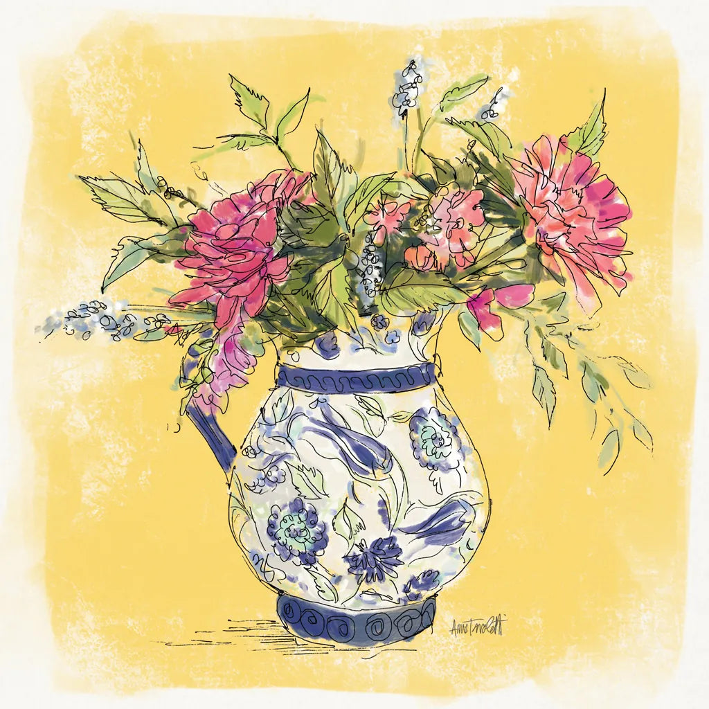 Zinnias in Pitcher by Anne Tavoletti. SKU 100599a. Archival Giclee Fine art print for wall decor.