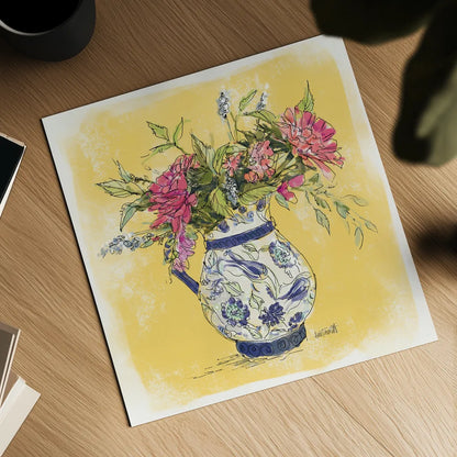 Zinnias in Pitcher by Anne Tavoletti. Shown as a detailed flat fine art print, highlighting archival giclee quality. Available as an archival giclee rolled canvas, fine art paper, or poster print. SKU 100599a.