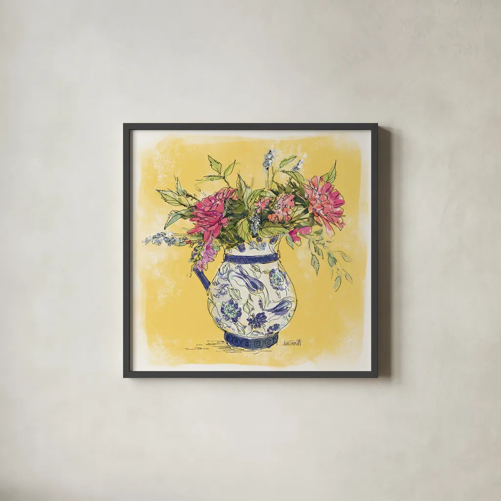Zinnias in Pitcher by Anne Tavoletti. Shown in a sleek black glass frame for a contemporary gallery look. Available as an archival giclee rolled canvas, fine art paper, or poster print. SKU 100599a.