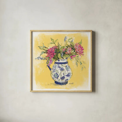 Zinnias in Pitcher by Anne Tavoletti. Shown in a natural wood glass frame for a timeless modern aesthetic. Available as an archival giclee rolled canvas, fine art paper, or poster print. SKU 100599a.