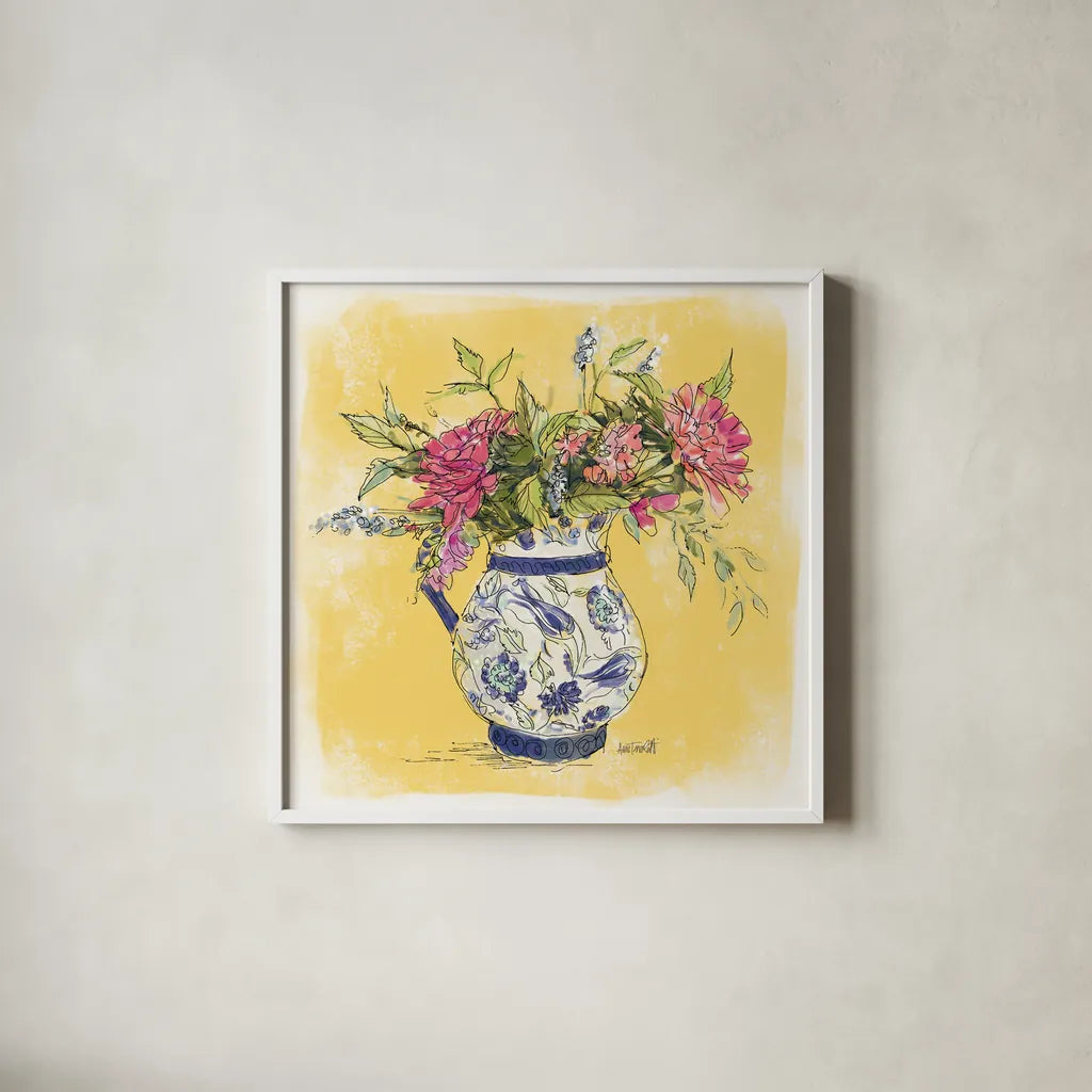 Zinnias in Pitcher by Anne Tavoletti. Shown in a crisp white glass frame for a clean and minimalist style. Available as an archival giclee rolled canvas, fine art paper, or poster print. SKU 100599a.