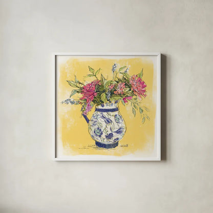 Zinnias in Pitcher by Anne Tavoletti. Shown in a crisp white glass frame for a clean and minimalist style. Available as an archival giclee rolled canvas, fine art paper, or poster print. SKU 100599a.