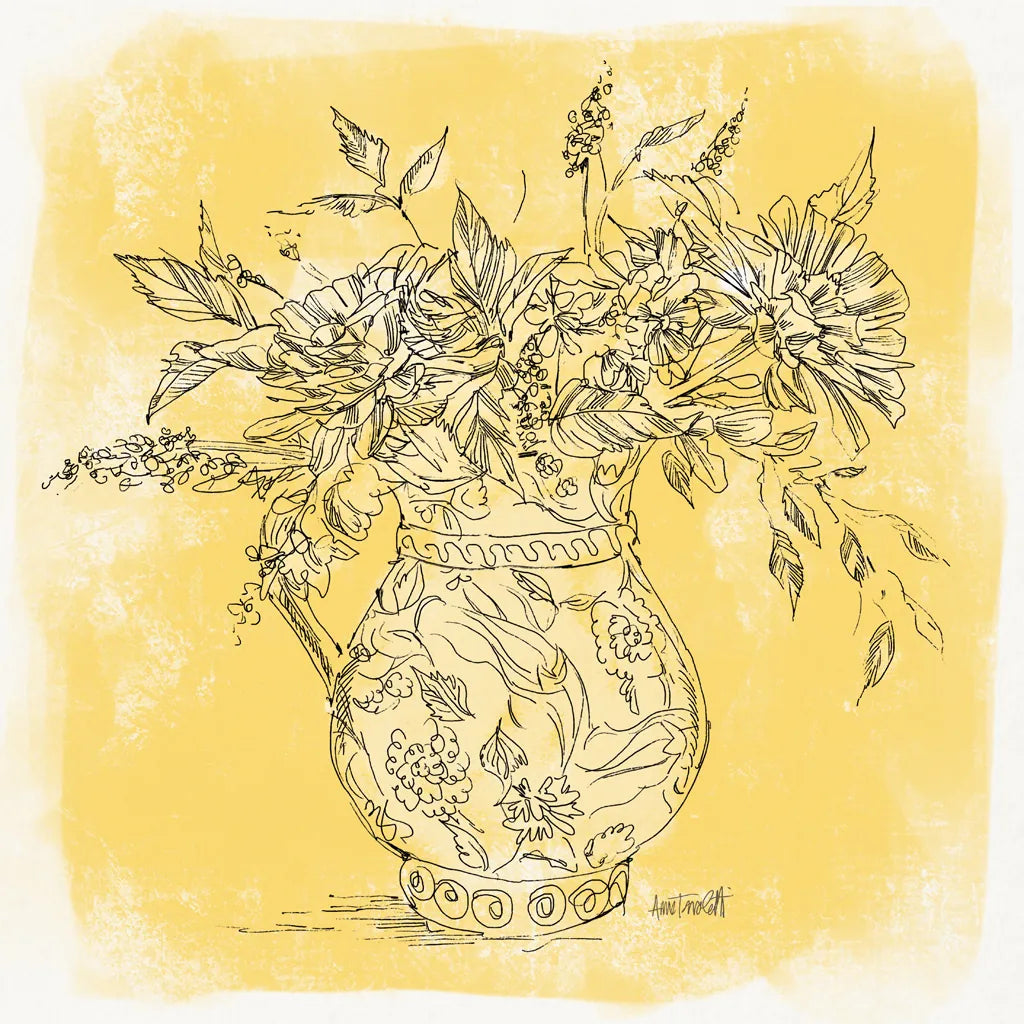 Zinnias in Pitcher Sketch by Anne Tavoletti. SKU 100600a. Archival Giclee Fine art print for wall decor.