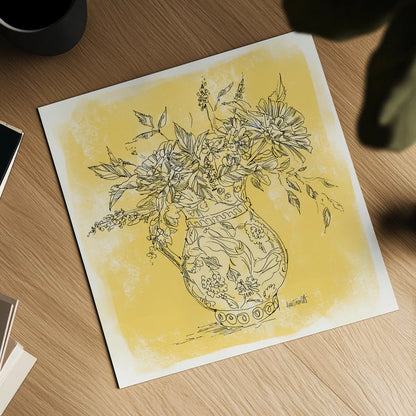 Zinnias in Pitcher Sketch by Anne Tavoletti. Shown as a detailed flat fine art print, highlighting archival giclee quality. Available as an archival giclee rolled canvas, fine art paper, or poster print. SKU 100600a.