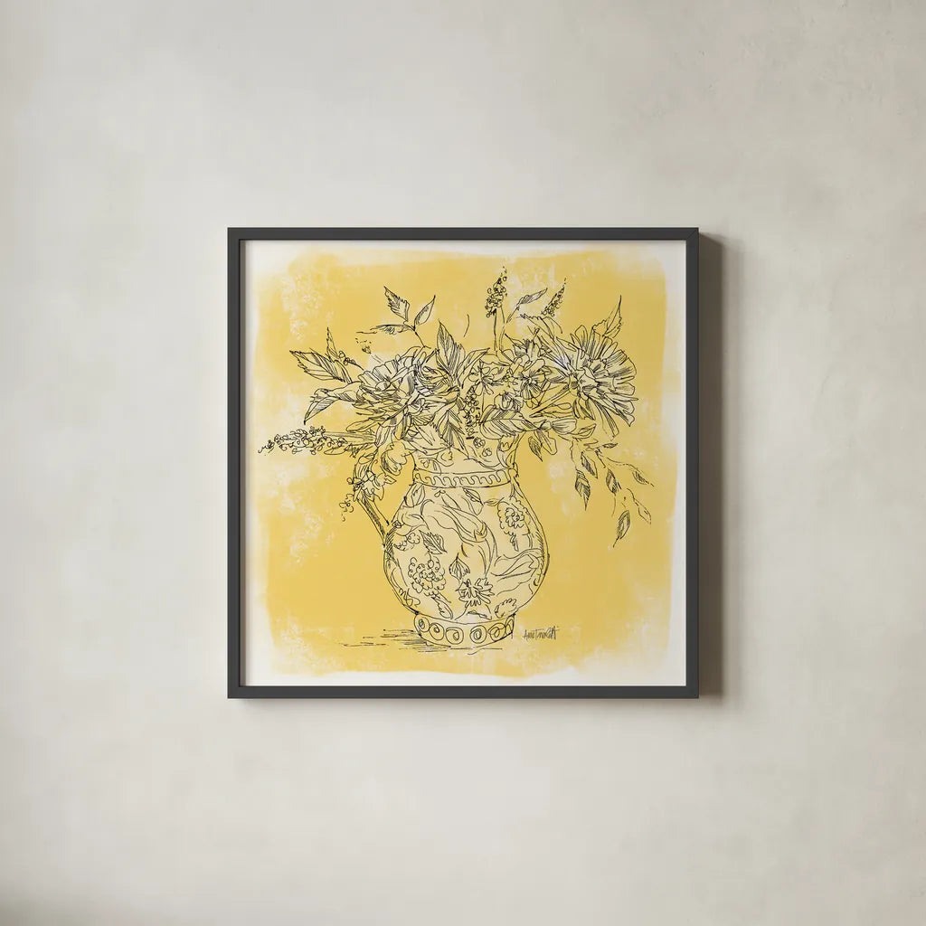 Zinnias in Pitcher Sketch by Anne Tavoletti. Shown in a sleek black glass frame for a contemporary gallery look. Available as an archival giclee rolled canvas, fine art paper, or poster print. SKU 100600a.