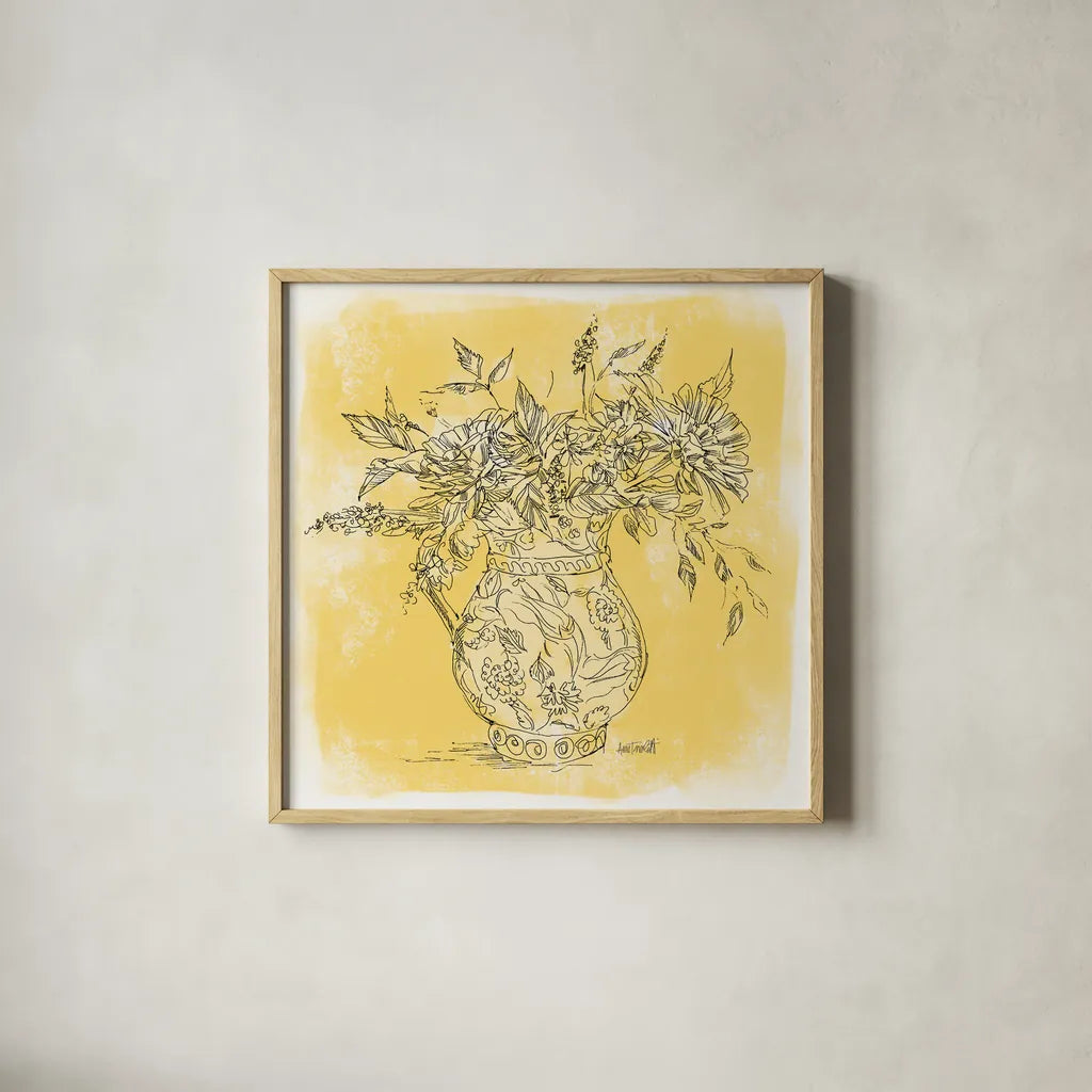 Zinnias in Pitcher Sketch by Anne Tavoletti. Shown in a natural wood glass frame for a timeless modern aesthetic. Available as an archival giclee rolled canvas, fine art paper, or poster print. SKU 100600a.