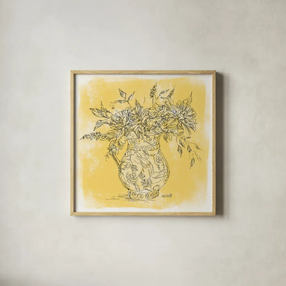 Zinnias in Pitcher Sketch by Anne Tavoletti. Shown in a natural wood glass frame for a timeless modern aesthetic. Available as an archival giclee rolled canvas, fine art paper, or poster print. SKU 100600a.