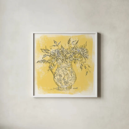 Zinnias in Pitcher Sketch by Anne Tavoletti. Shown in a crisp white glass frame for a clean and minimalist style. Available as an archival giclee rolled canvas, fine art paper, or poster print. SKU 100600a.