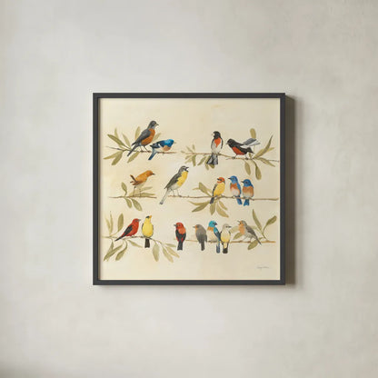 Adoration of the Magpie by Avery Tillmon. Shown in a sleek black glass frame for a contemporary gallery look. Available as an archival giclee rolled canvas, fine art paper, or poster print. SKU 49488a.