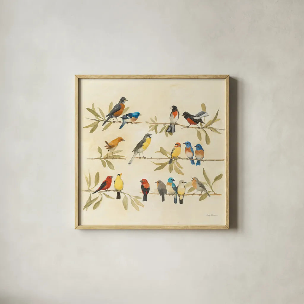 Adoration of the Magpie by Avery Tillmon. Shown in a natural wood glass frame for a timeless modern aesthetic. Available as an archival giclee rolled canvas, fine art paper, or poster print. SKU 49488a.