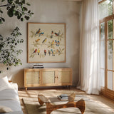 Adoration of the Magpie by Avery Tillmon. Shown in a natural wood frame in a cozy modern living room. Available as an archival giclee rolled canvas, fine art paper, or poster print. SKU 49488a.