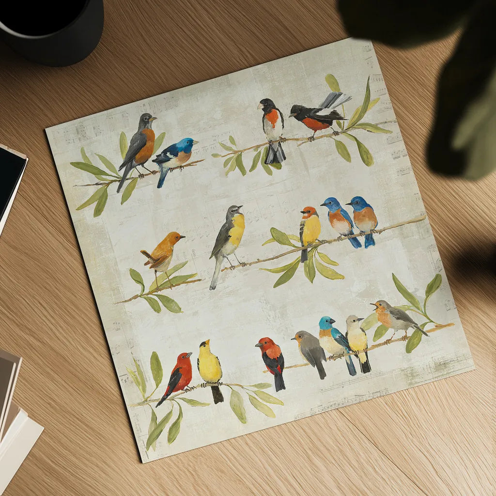 Adoration of the Magpie Music by Avery Tillmon. Shown as a detailed flat fine art print, highlighting archival giclee quality. Available as an archival giclee rolled canvas, fine art paper, or poster print. SKU 13267a.