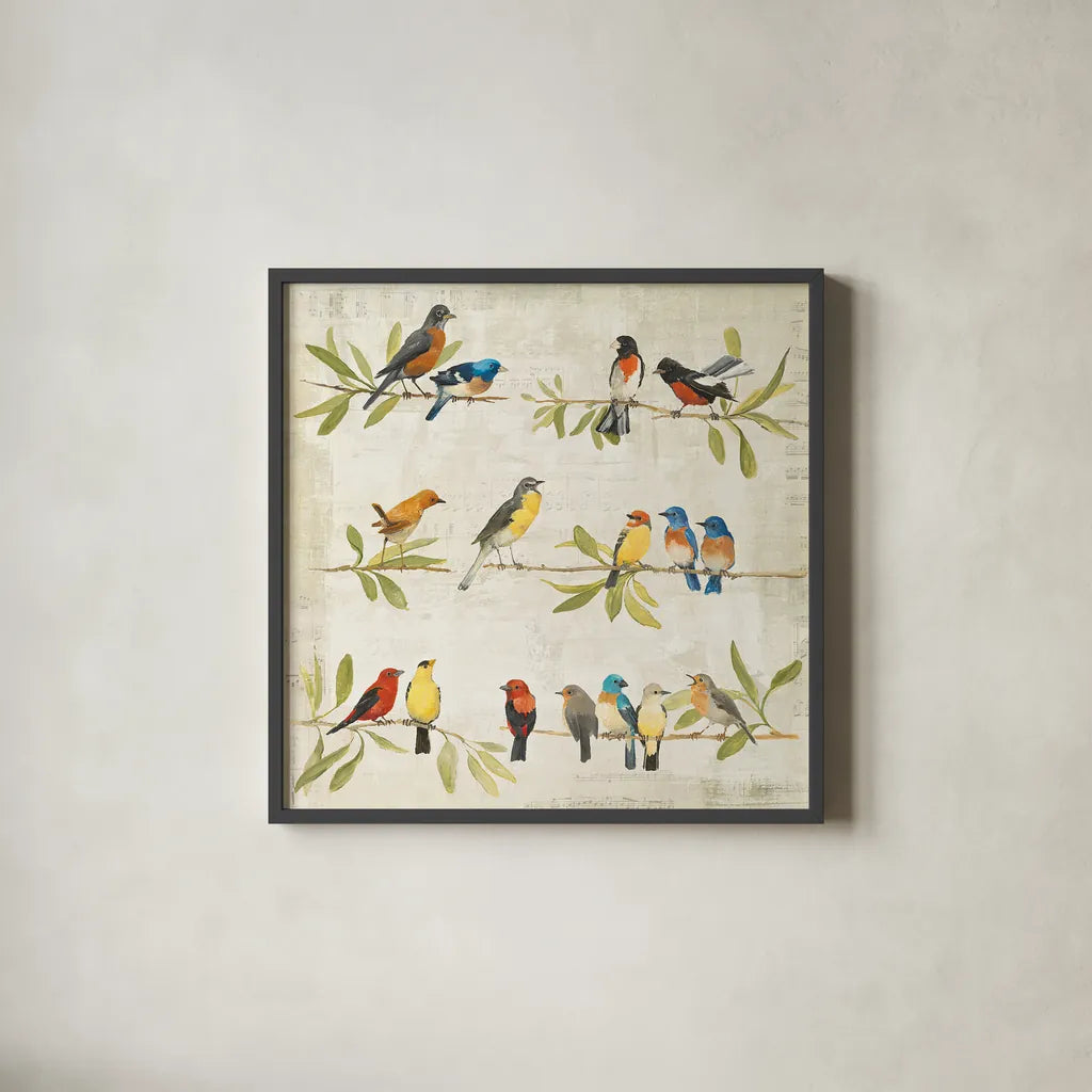 Adoration of the Magpie Music by Avery Tillmon. Shown in a sleek black glass frame for a contemporary gallery look. Available as an archival giclee rolled canvas, fine art paper, or poster print. SKU 13267a.