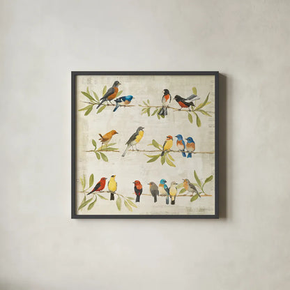 Adoration of the Magpie Music by Avery Tillmon. Shown in a sleek black glass frame for a contemporary gallery look. Available as an archival giclee rolled canvas, fine art paper, or poster print. SKU 13267a.