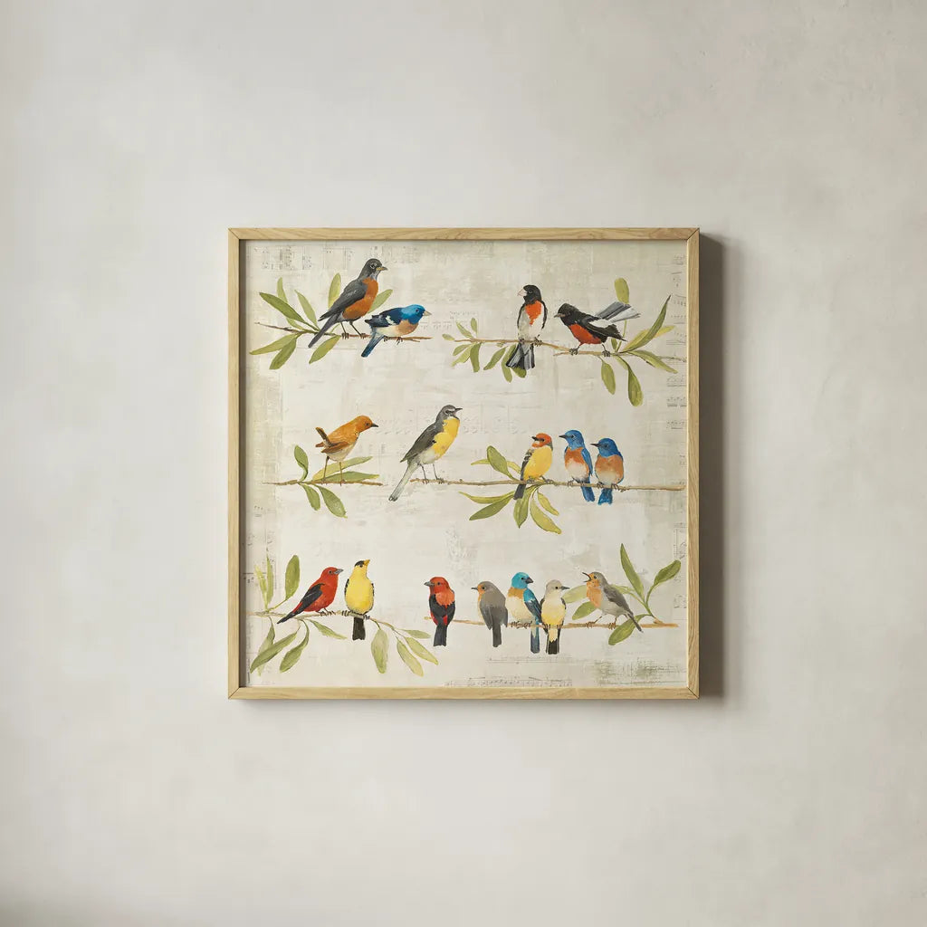 Adoration of the Magpie Music by Avery Tillmon. Shown in a natural wood glass frame for a timeless modern aesthetic. Available as an archival giclee rolled canvas, fine art paper, or poster print. SKU 13267a.
