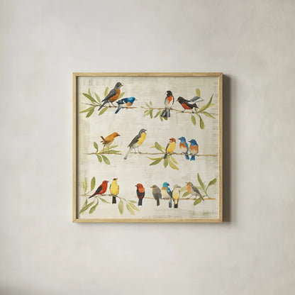 Adoration of the Magpie Music by Avery Tillmon. Shown in a natural wood glass frame for a timeless modern aesthetic. Available as an archival giclee rolled canvas, fine art paper, or poster print. SKU 13267a.