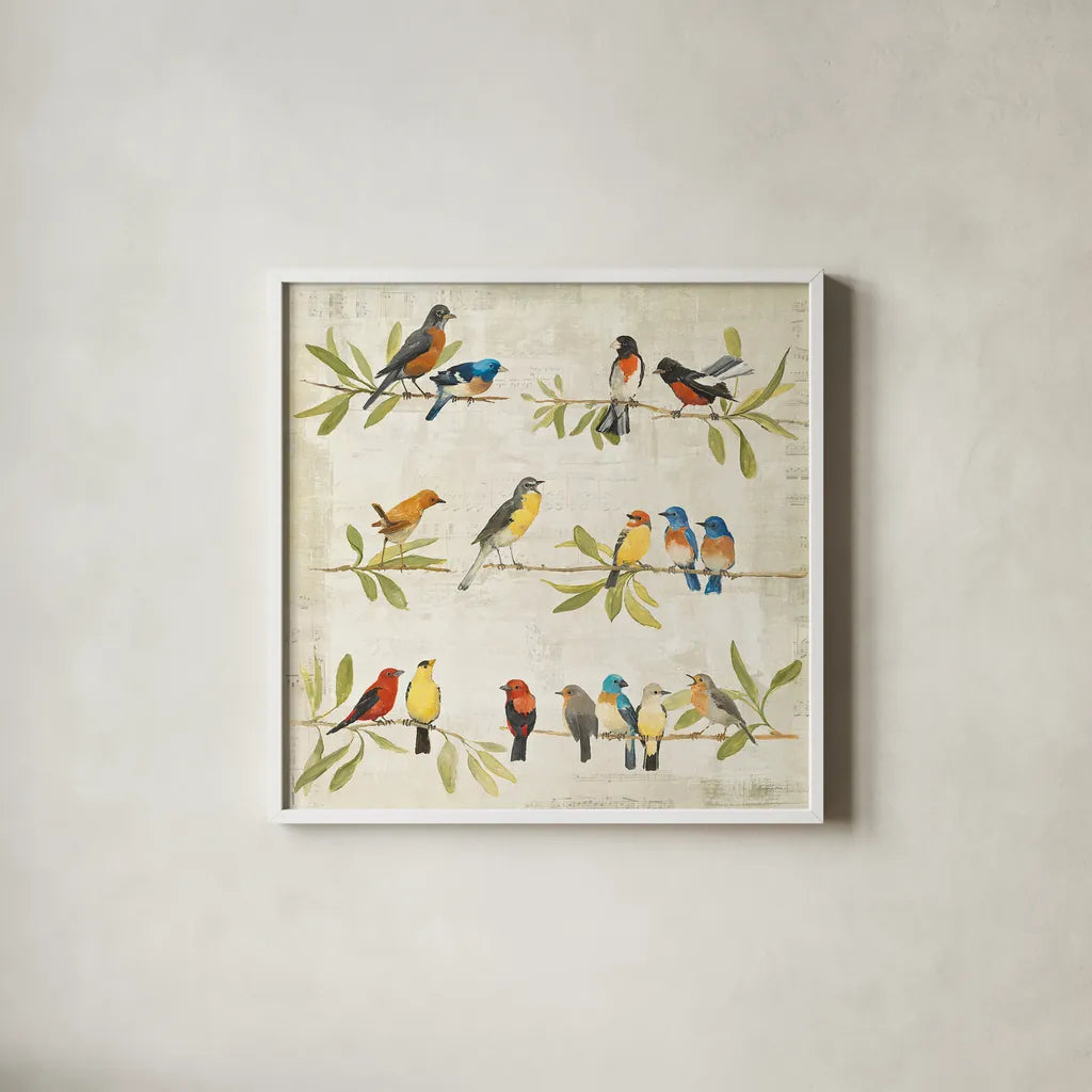 Adoration of the Magpie Music by Avery Tillmon. Shown in a crisp white glass frame for a clean and minimalist style. Available as an archival giclee rolled canvas, fine art paper, or poster print. SKU 13267a.