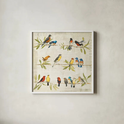 Adoration of the Magpie Music by Avery Tillmon. Shown in a crisp white glass frame for a clean and minimalist style. Available as an archival giclee rolled canvas, fine art paper, or poster print. SKU 13267a.