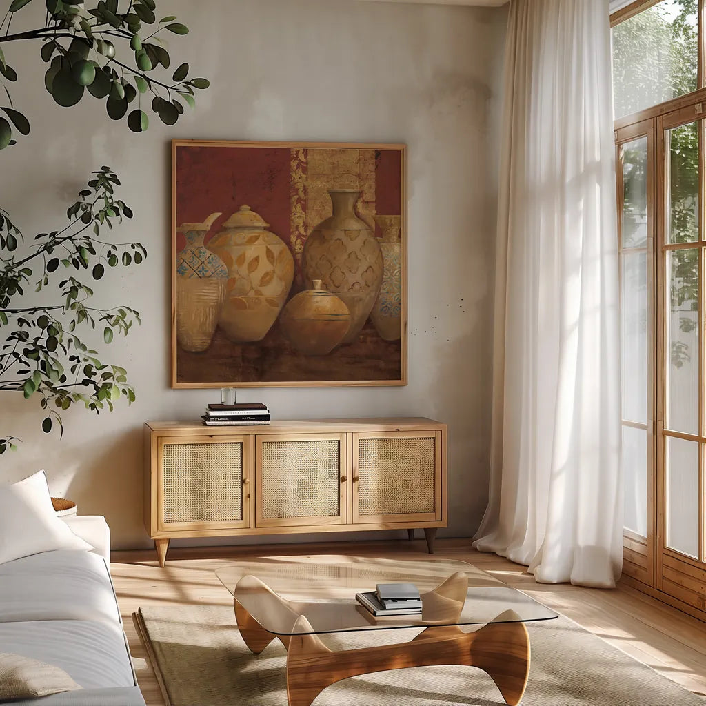 Aegean Vessels Spice Extra Vessel Crop by Avery Tillmon. Shown in a natural wood frame in a cozy modern living room. Available as an archival giclee rolled canvas, fine art paper, or poster print. SKU 41820a.