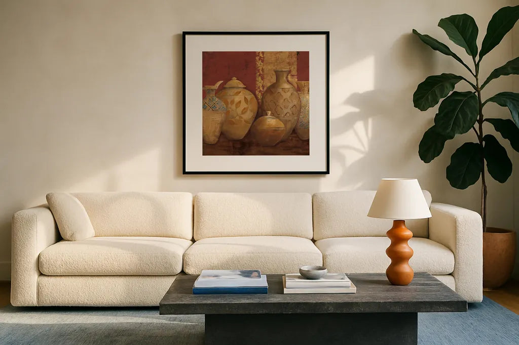 Aegean Vessels Spice Extra Vessel Crop by Avery Tillmon. Displayed in a glass frame with matte in a clean modern living room. Available as an archival giclee rolled canvas, fine art paper, or poster print. SKU 41820a.