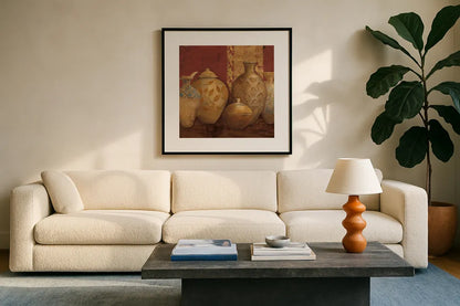 Aegean Vessels Spice Extra Vessel Crop by Avery Tillmon. Displayed in a glass frame with matte in a clean modern living room. Available as an archival giclee rolled canvas, fine art paper, or poster print. SKU 41820a.