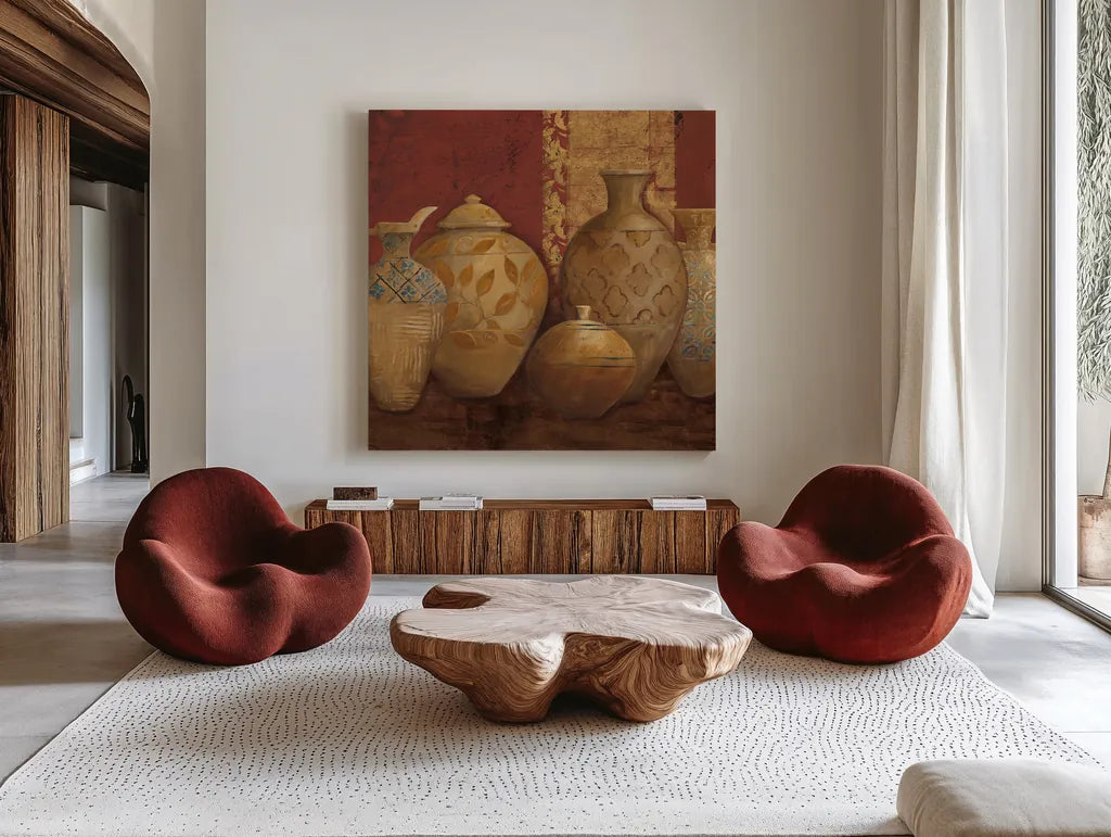 Aegean Vessels Spice Extra Vessel Crop by Avery Tillmon. Shown as extra-large giant wall art in a modern living room. Available as an archival giclee rolled canvas, fine art paper, or poster print. SKU 41820a.