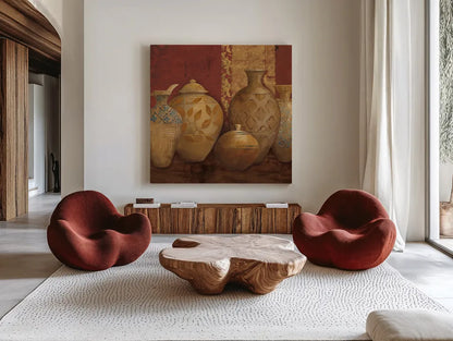 Aegean Vessels Spice Extra Vessel Crop by Avery Tillmon. Shown as extra-large giant wall art in a modern living room. Available as an archival giclee rolled canvas, fine art paper, or poster print. SKU 41820a.