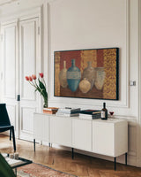 Aegean Vessels Spice V2 by Avery Tillmon. shown as a framed stretched canvas in a living room above a console. Available as a archival giclee rolled canvas, fine art paper, or poster print. SKU 19181i.