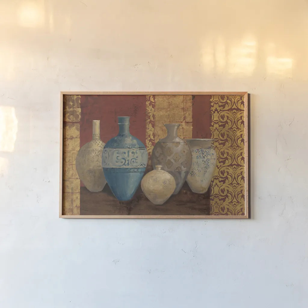 Aegean Vessels Spice V2 by Avery Tillmon. shown as a paper print in a natural frame. Available as a archival giclee rolled canvas, fine art paper, or poster print. SKU 19181i.