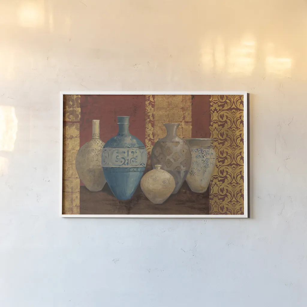 Aegean Vessels Spice V2 by Avery Tillmon. shown as a paper print in a white frame. Available as a archival giclee rolled canvas, fine art paper, or poster print. SKU 19181i.