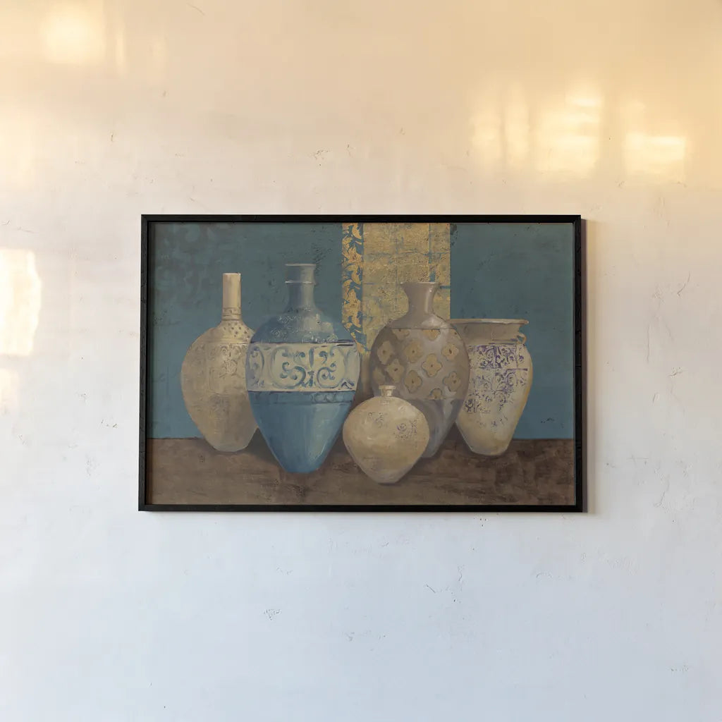 Aegean Vessels on Turquoise by Avery Tillmon. shown as a paper print in a black flame. Available as a archival giclee rolled canvas, fine art paper, or poster print. SKU 19182i.