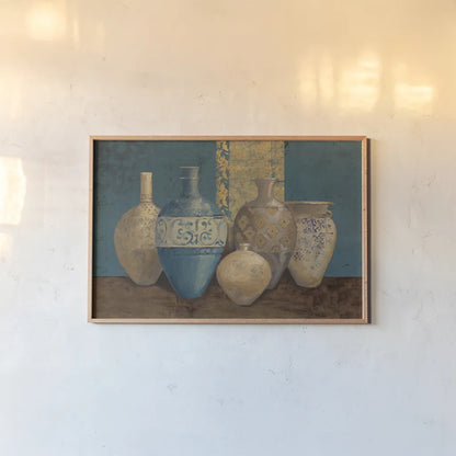 Aegean Vessels on Turquoise by Avery Tillmon. shown as a paper print in a natural frame. Available as a archival giclee rolled canvas, fine art paper, or poster print. SKU 19182i.