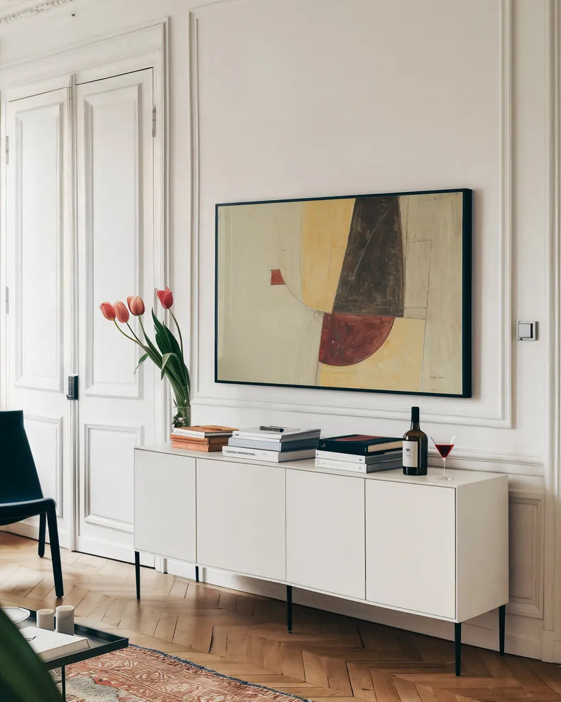 Aloof by Avery Tillmon. shown as a framed stretched canvas in a living room above a console. Available as a archival giclee rolled canvas, fine art paper, or poster print. SKU 93197i.