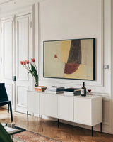 Aloof by Avery Tillmon. shown as a framed stretched canvas in a living room above a console. Available as a archival giclee rolled canvas, fine art paper, or poster print. SKU 93197i.