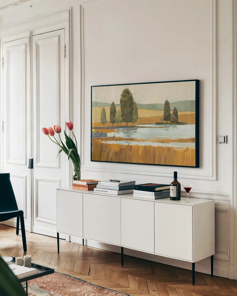 Amber Lake Yellow Field Crop by Avery Tillmon. shown as a framed stretched canvas in a living room above a console. Available as a archival giclee rolled canvas, fine art paper, or poster print. SKU 36216i.