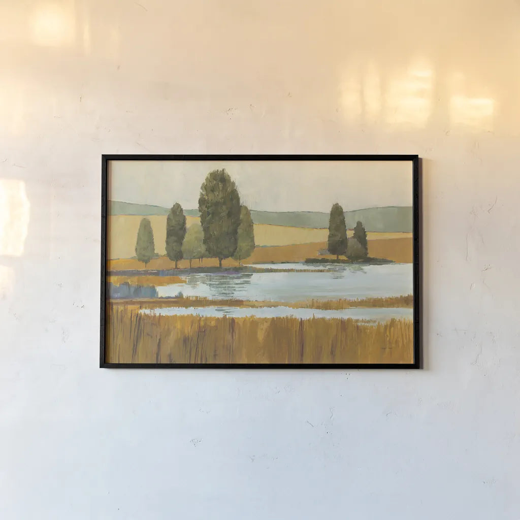 Amber Lake Yellow Field Crop by Avery Tillmon. shown as a paper print in a black flame. Available as a archival giclee rolled canvas, fine art paper, or poster print. SKU 36216i.