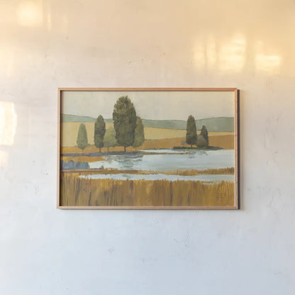 Amber Lake Yellow Field Crop by Avery Tillmon. shown as a paper print in a natural frame. Available as a archival giclee rolled canvas, fine art paper, or poster print. SKU 36216i.