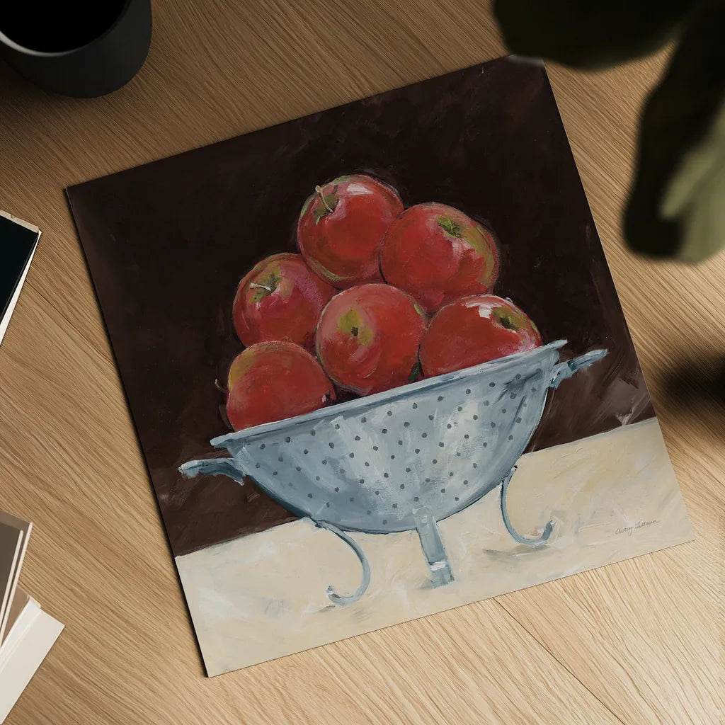 Apples on Brown by Avery Tillmon. Shown as a detailed flat fine art print, highlighting archival giclee quality. Available as an archival giclee rolled canvas, fine art paper, or poster print. SKU 76148a.