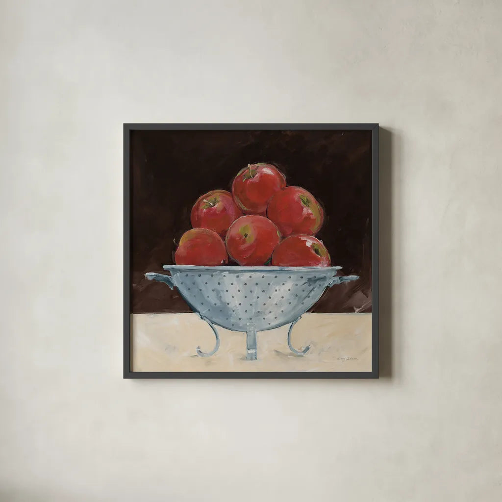 Apples on Brown by Avery Tillmon. Shown in a sleek black glass frame for a contemporary gallery look. Available as an archival giclee rolled canvas, fine art paper, or poster print. SKU 76148a.