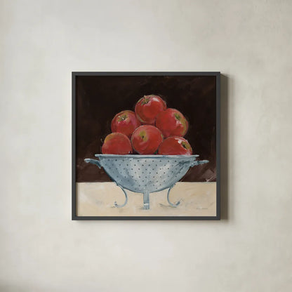 Apples on Brown by Avery Tillmon. Shown in a sleek black glass frame for a contemporary gallery look. Available as an archival giclee rolled canvas, fine art paper, or poster print. SKU 76148a.