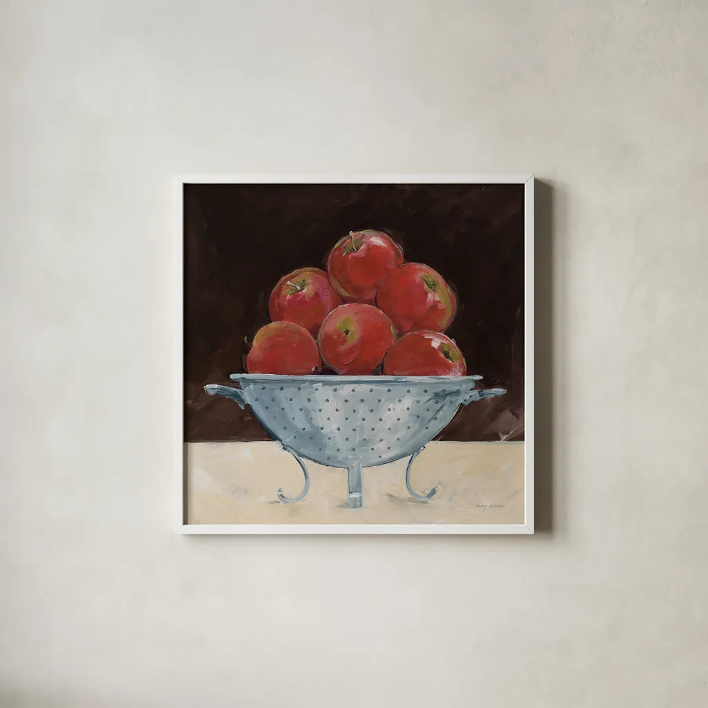 Apples on Brown by Avery Tillmon. Shown in a crisp white glass frame for a clean and minimalist style. Available as an archival giclee rolled canvas, fine art paper, or poster print. SKU 76148a.