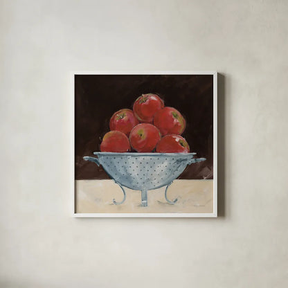 Apples on Brown by Avery Tillmon. Shown in a crisp white glass frame for a clean and minimalist style. Available as an archival giclee rolled canvas, fine art paper, or poster print. SKU 76148a.