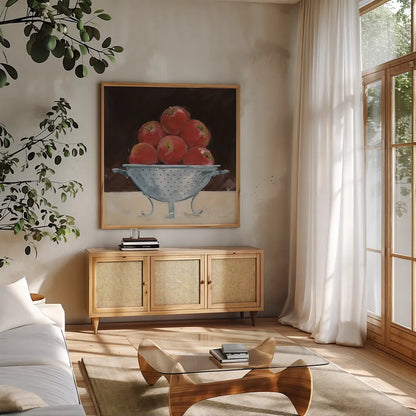 Apples on Brown by Avery Tillmon. Shown in a natural wood frame in a cozy modern living room. Available as an archival giclee rolled canvas, fine art paper, or poster print. SKU 76148a.